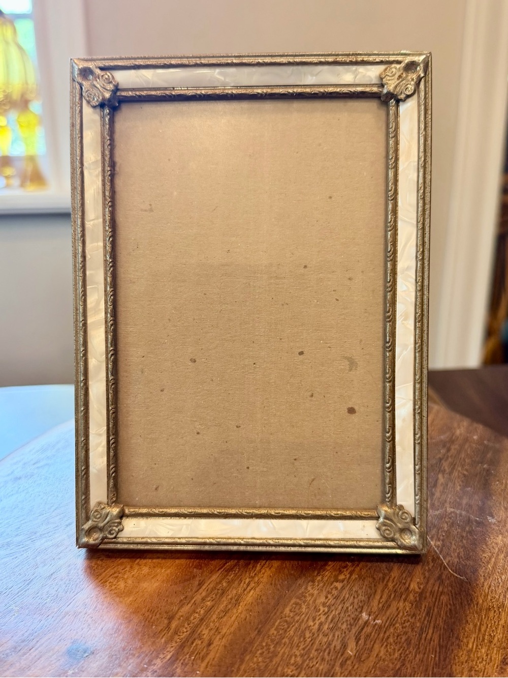 Vtg Faux Mother of Pearl Picture Photo Frame 5x7 Ornate Gold Tone Metal MCM